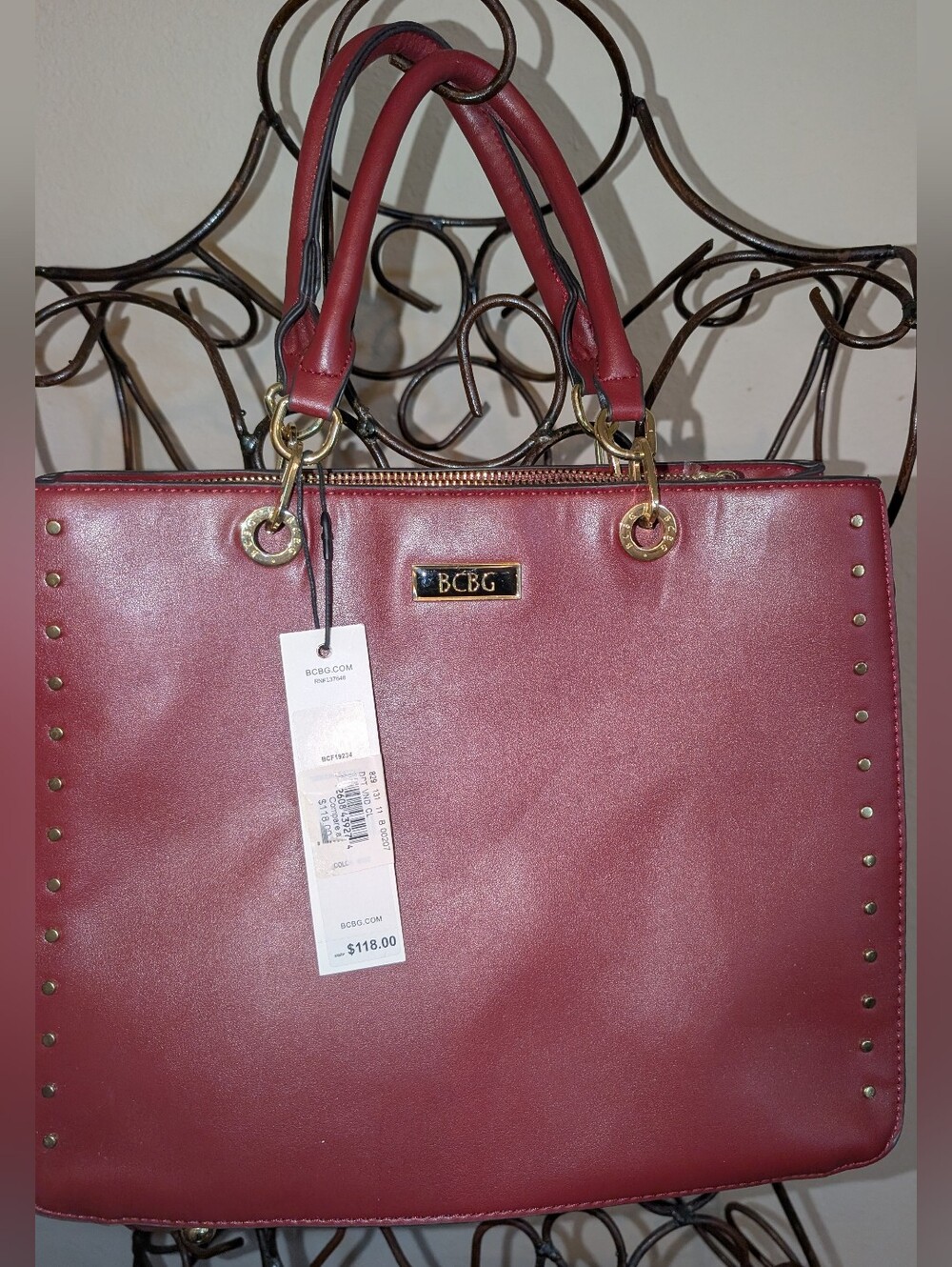 BCBG Rich Burgundy Vegan Leather Handbag with Gold Stud Accents